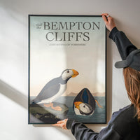 The print of puffins and Yorkshire coast in a kitchen