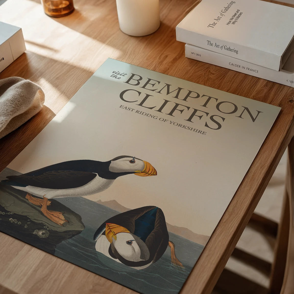 Bempton Cliffs puffin print on a dining room wall