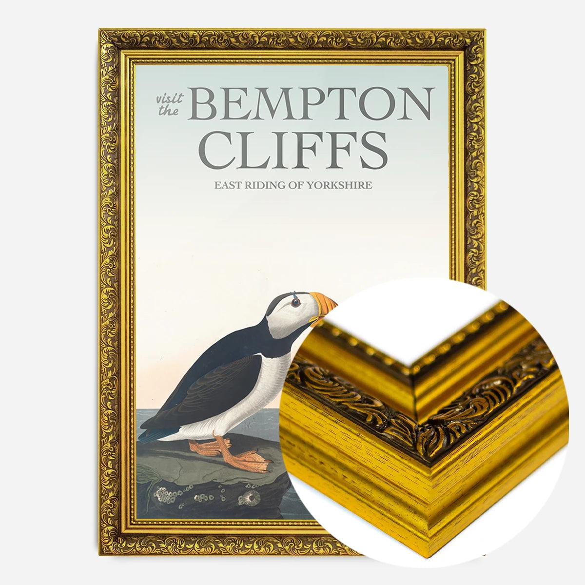 vintage puffins on coastal rock print in a gold ornate frame, side profile