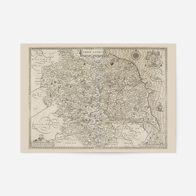 1610 map of Yorkshire by John Speed, antique engraved county map with compass rose and coat of arms