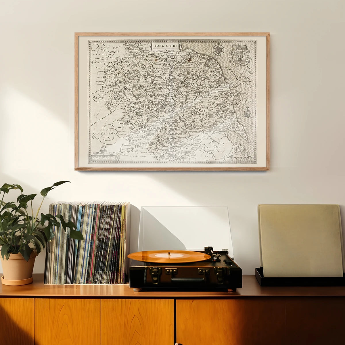 The print of the 1610 Yorkshire map hanging in a hallway