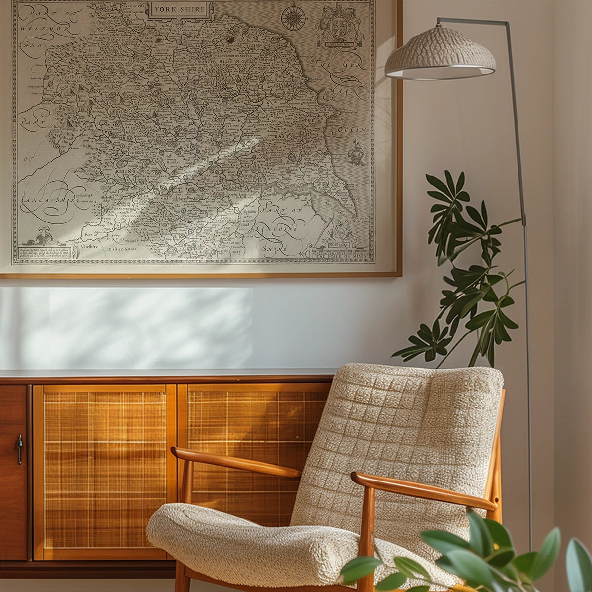 Framed antique Yorkshire map in a calm bedroom setting