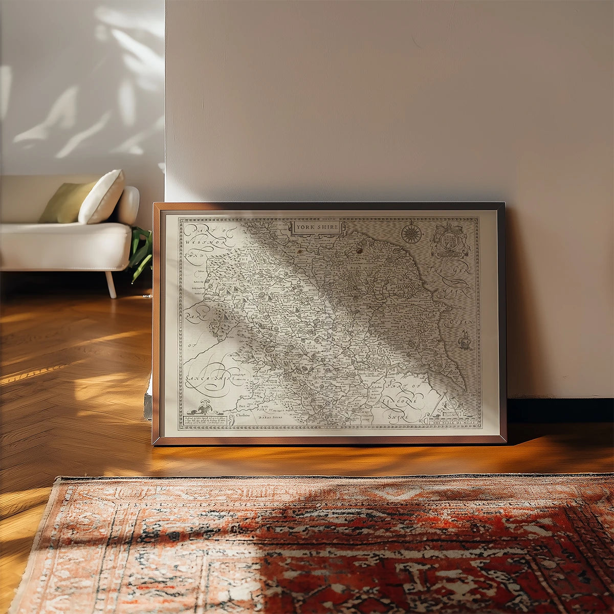 Vintage Yorkshire map print displayed in a kitchen