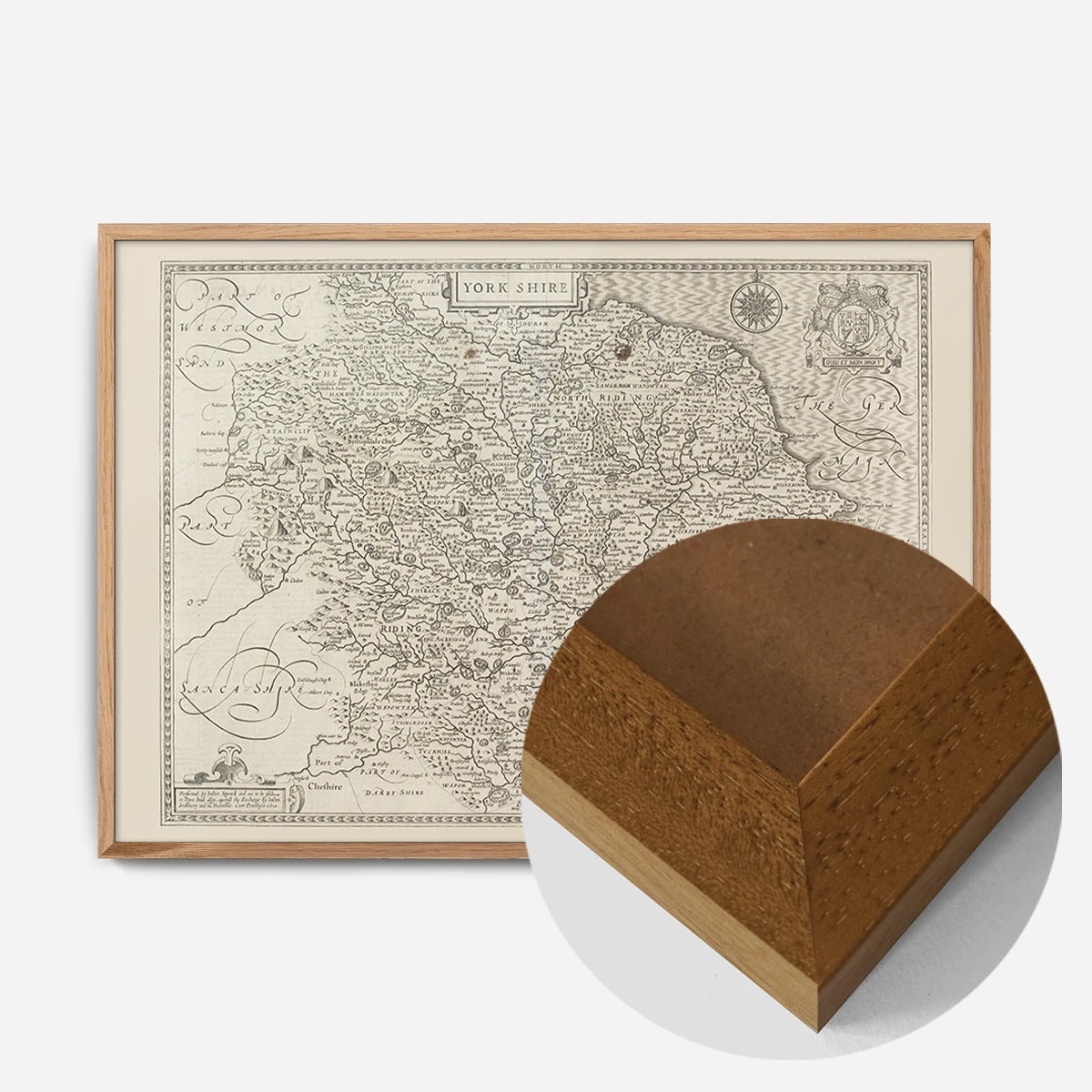 antique Yorkshire county map print in an oak wood frame, side profile