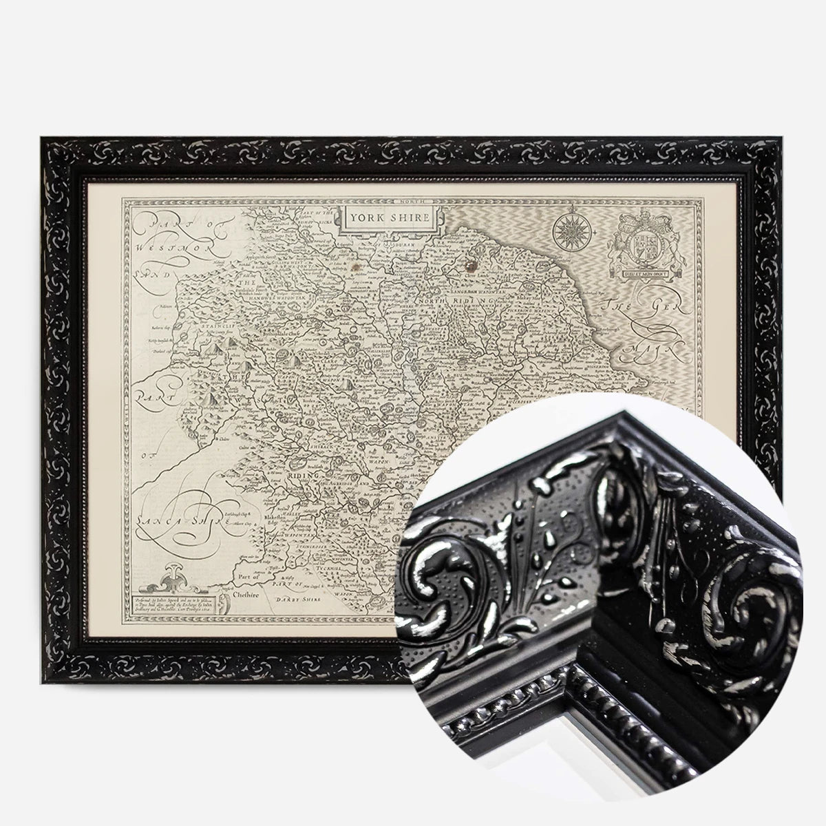 antique Yorkshire county map print in a black ornate frame, side profile