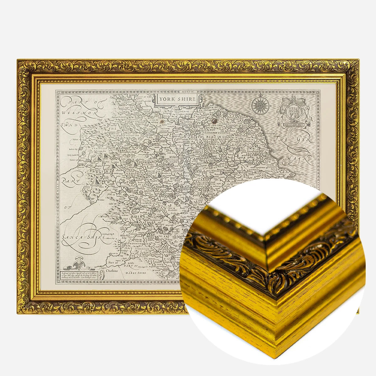 antique Yorkshire county map print in a gold ornate frame, side profile