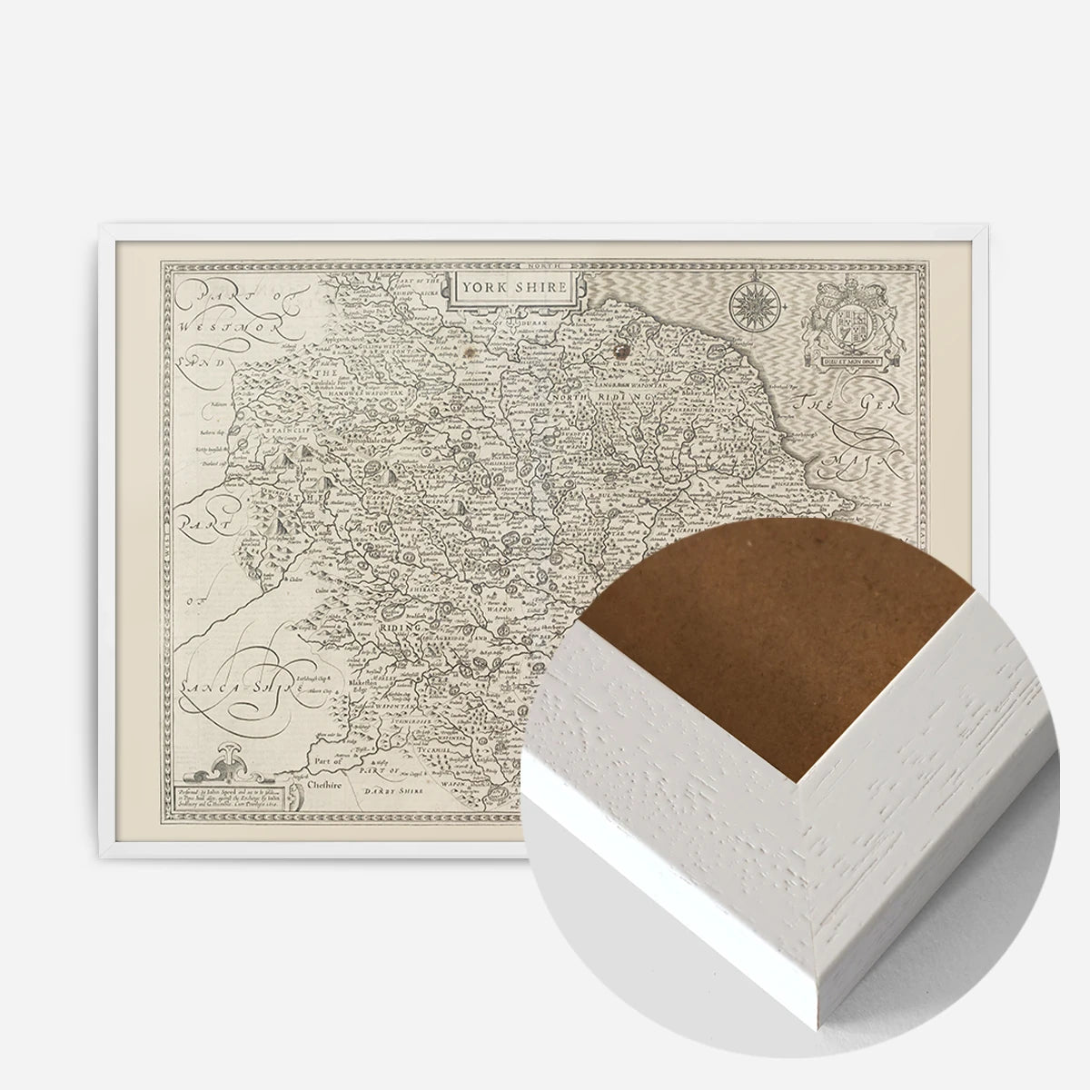 antique Yorkshire county map print in a white wood frame, side profile