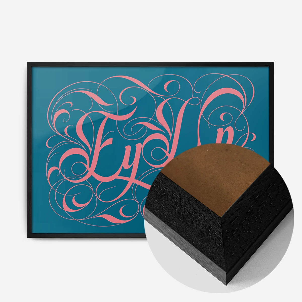 ornate calligraphy lettering print in a black wood frame, side profile