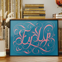 Ey Up typography print in pink calligraphy displayed on a living room wall