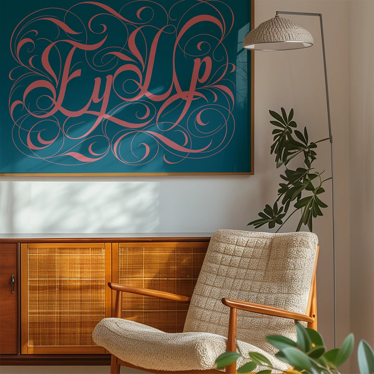 The print with swirly pink lettering on teal displayed in a bedroom