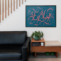 Ey Up calligraphy wall art styled in a home office