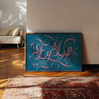 Ornate calligraphy lettering print in coral and teal on a kitchen wall