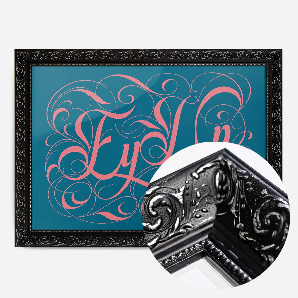 ornate calligraphy lettering print in a black ornate frame, side profile