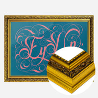 ornate calligraphy lettering print in a gold ornate frame, side profile
