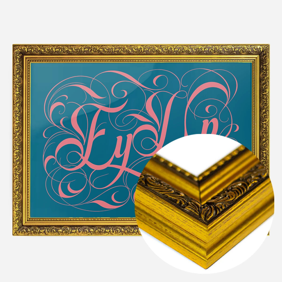 ornate calligraphy lettering print in a gold ornate frame, side profile