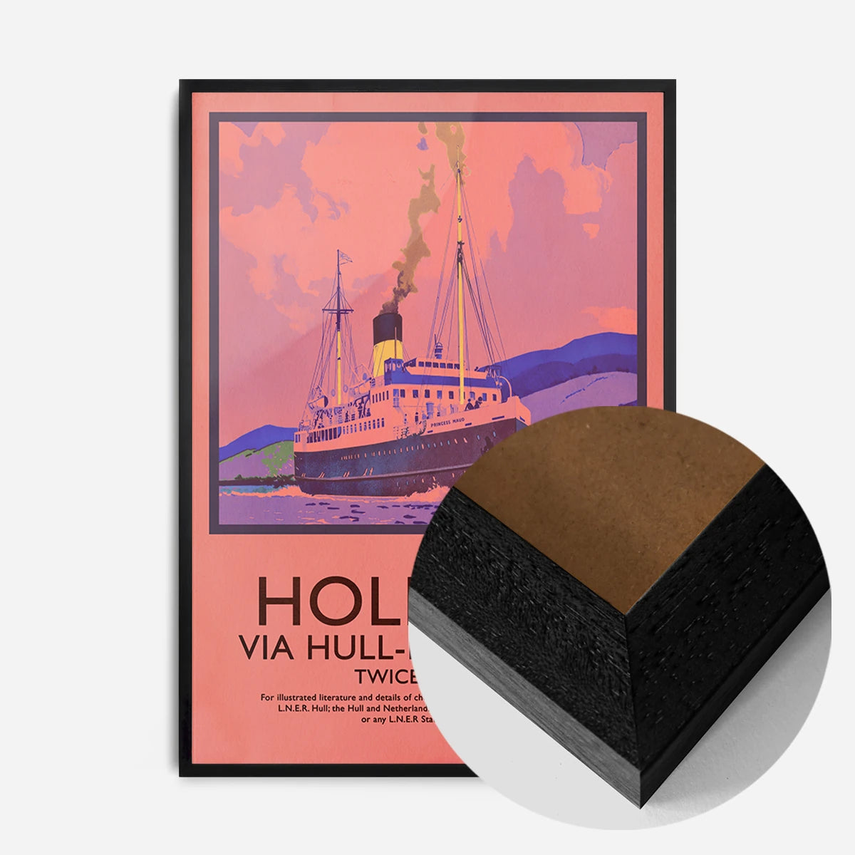 vintage steamship travel poster print in a black wood frame, side profile