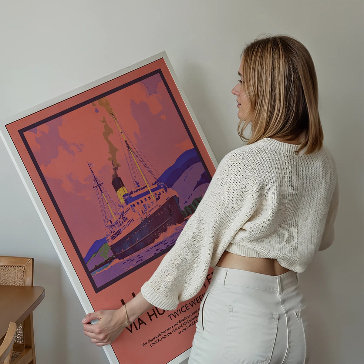 Holland Via Hull-Rotterdam vintage steamship poster displayed in a living room