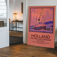 Vintage steamship travel poster hung in a hallway