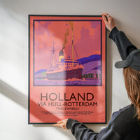 Vintage travel poster of a Hull Rotterdam steamship in a kitchen