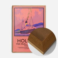 vintage steamship travel poster print in an oak wood frame, side profile