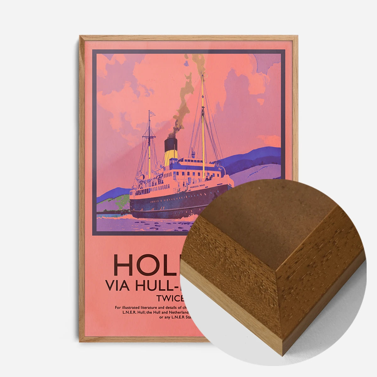 vintage steamship travel poster print in an oak wood frame, side profile