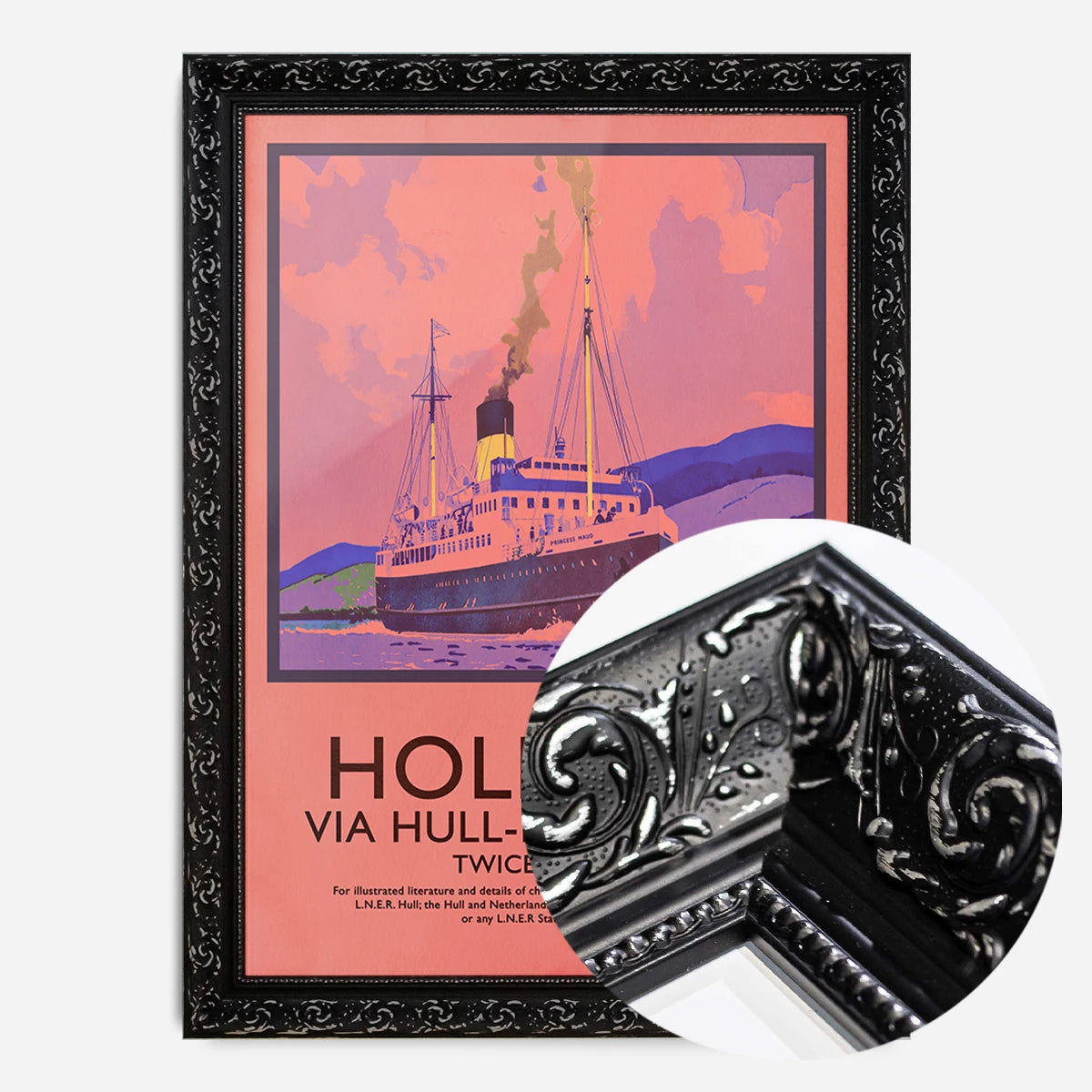 vintage steamship travel poster print in a black ornate frame, side profile