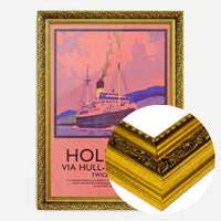 vintage steamship travel poster print in a gold ornate frame, side profile