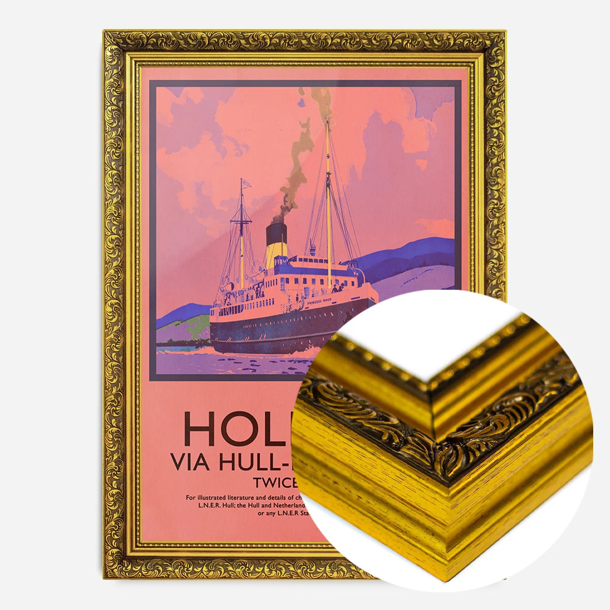 vintage steamship travel poster print in a gold ornate frame, side profile