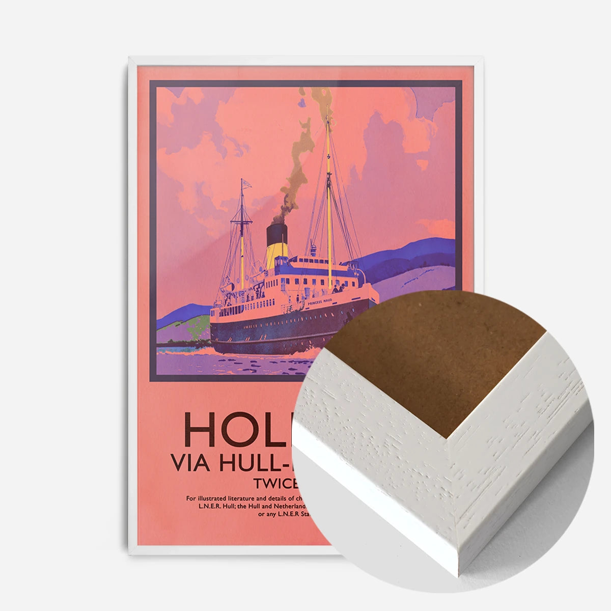 vintage steamship travel poster print in a white wood frame, side profile