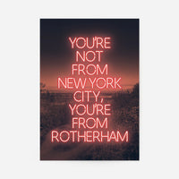 Rotherham typography print: red neon quote over a misty copper-toned countryside path at dusk