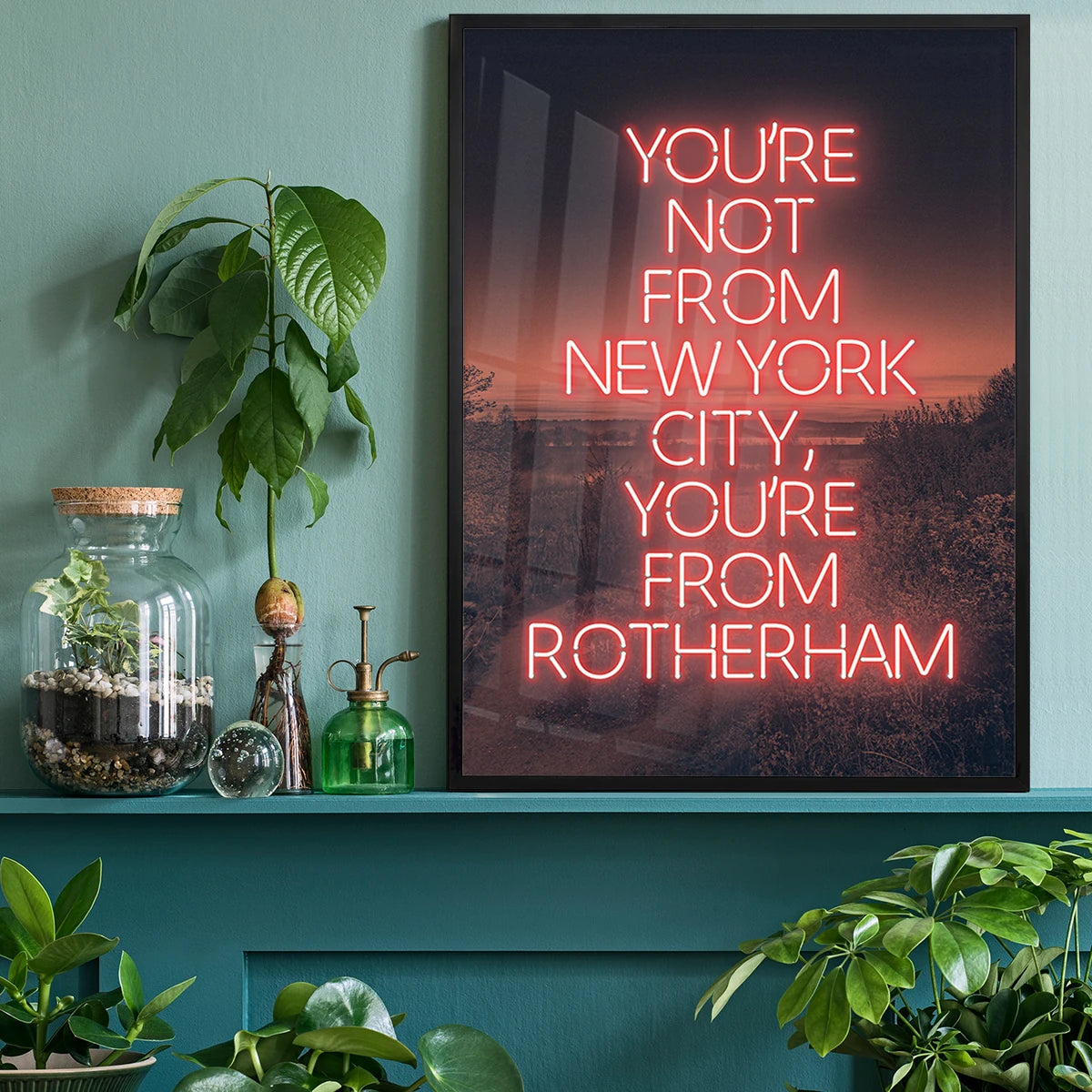 Red neon Rotherham typography print on a home office wall