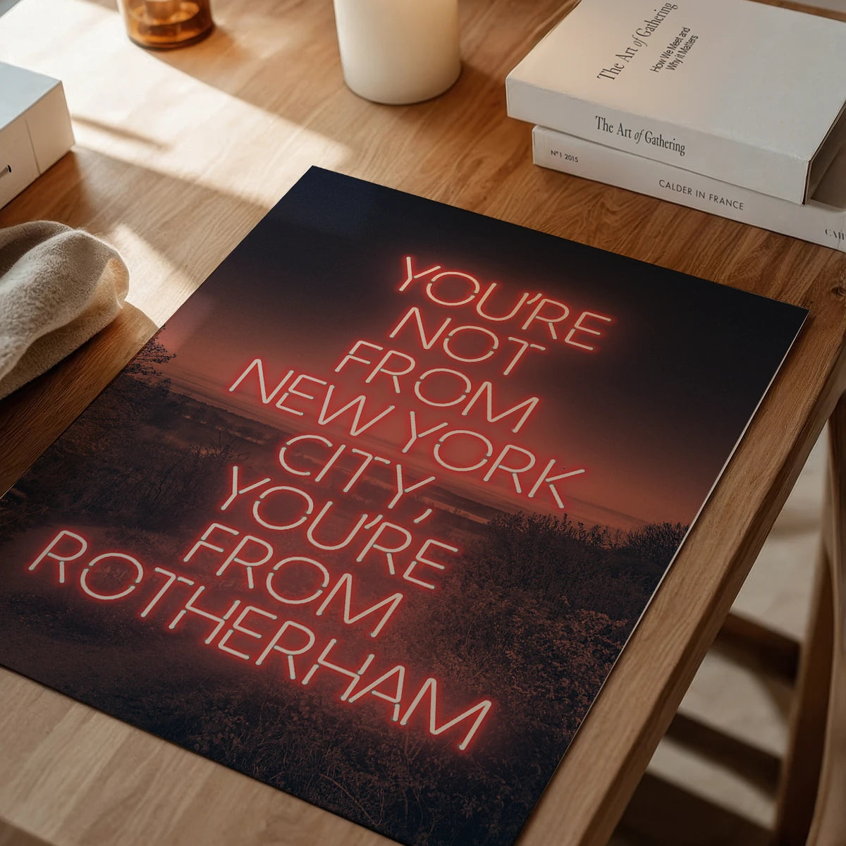Red neon quote poster framed in a dining room