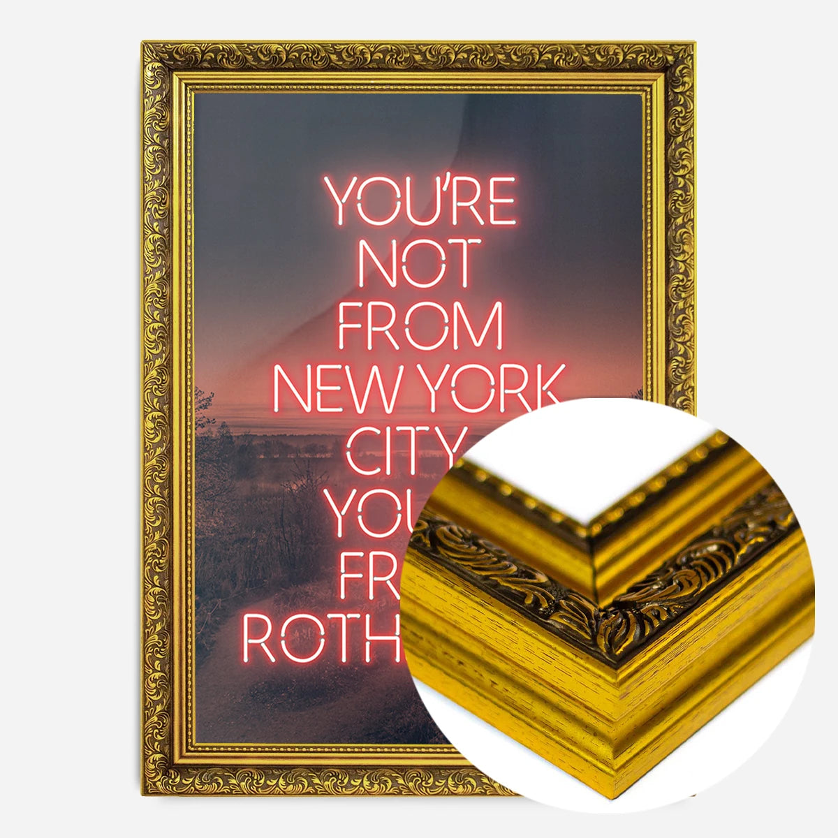 red neon Rotherham typography print in a gold ornate frame, side profile