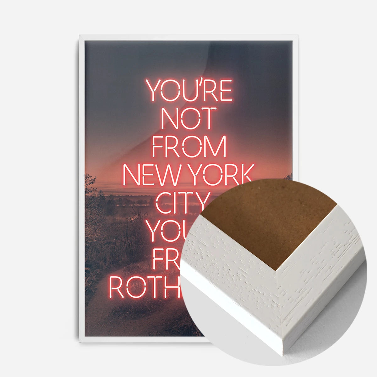 red neon Rotherham typography print in a white wood frame, side profile