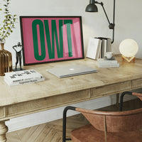 Landscape bold typography print displayed in a dining room