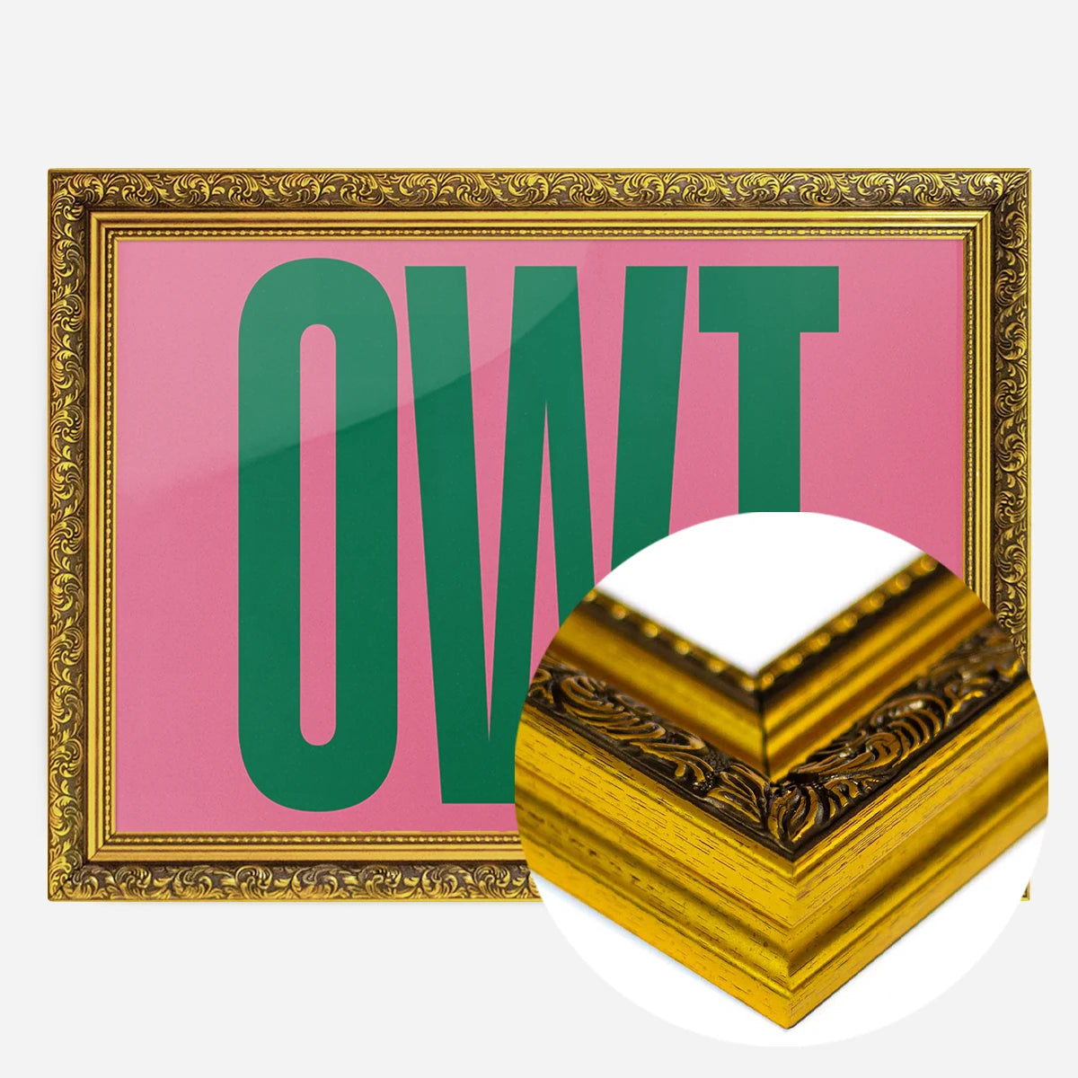 bold green typography print in a gold ornate frame, side profile