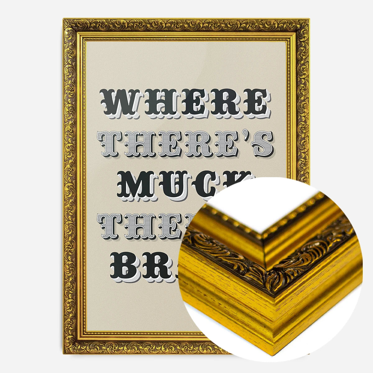 northern proverb typography print in a gold ornate frame, side profile