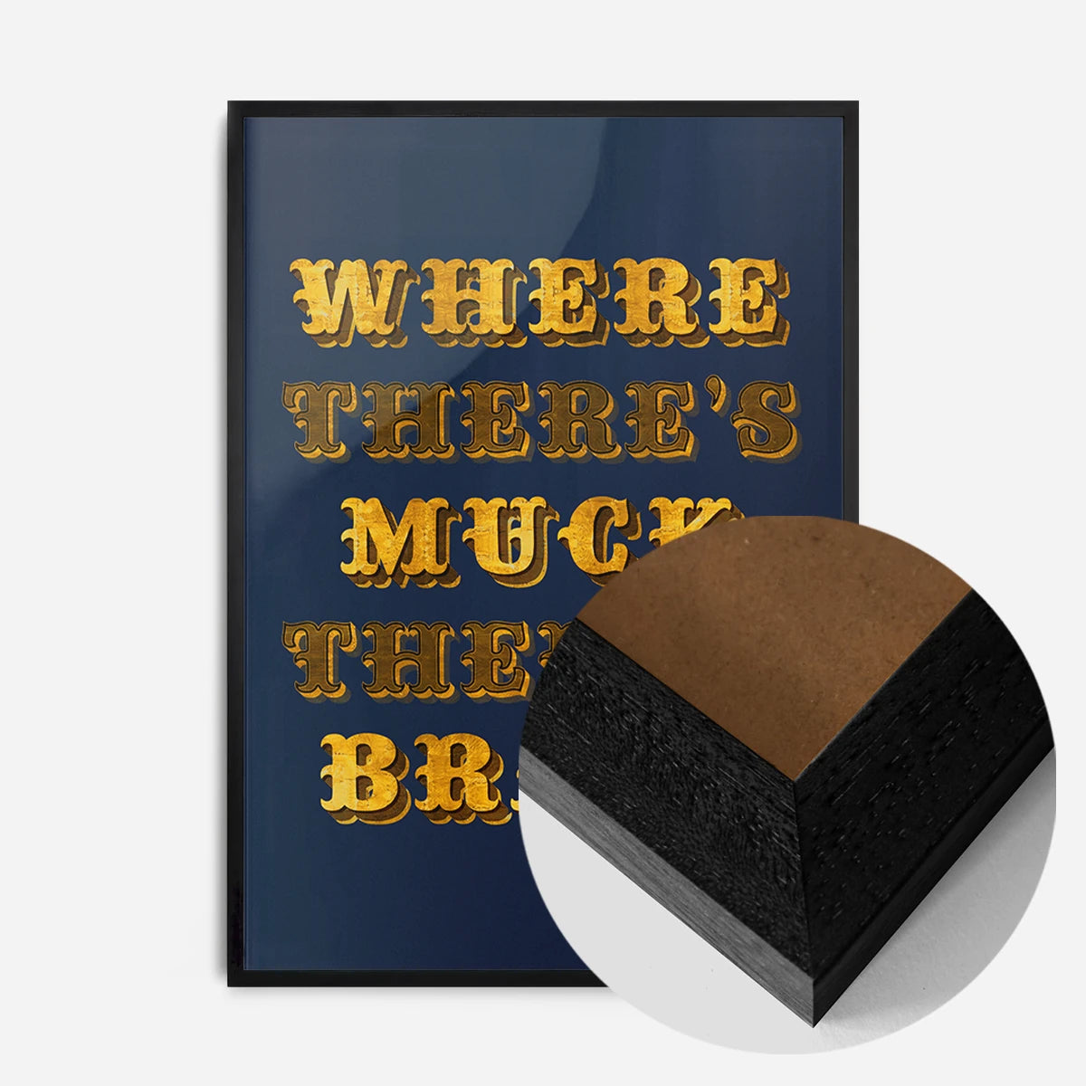 golden typography quote print in a black wood frame, side profile