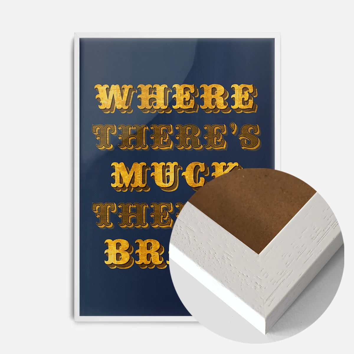 golden typography quote print in a white wood frame, side profile