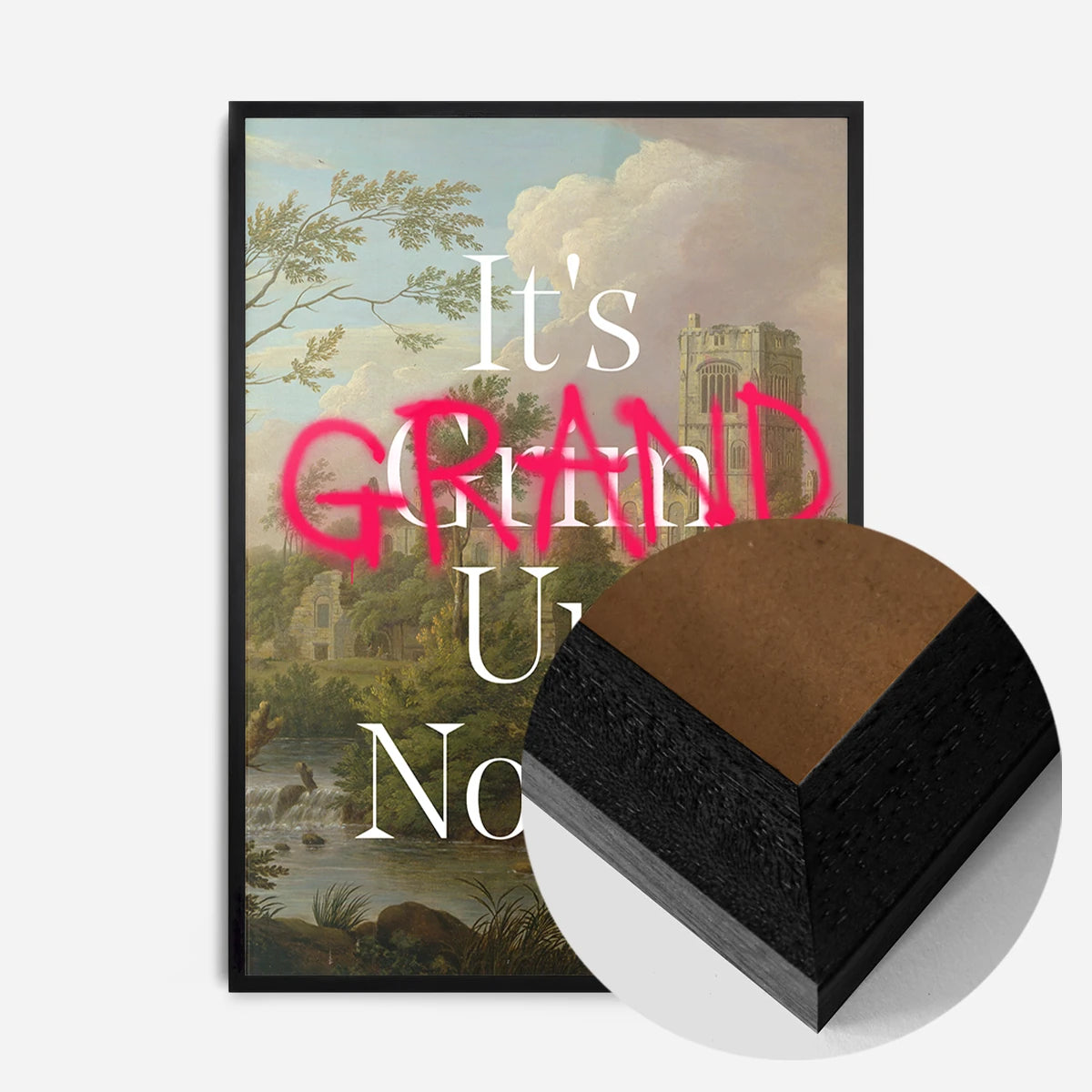 typography abbey landscape print in a black wood frame, side profile