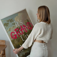 It's Grand Up North typography abbey landscape print displayed on a living room wall