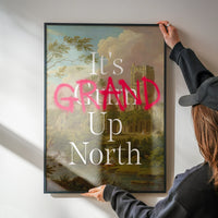 Abbey landscape print with northern slogan on a kitchen wall
