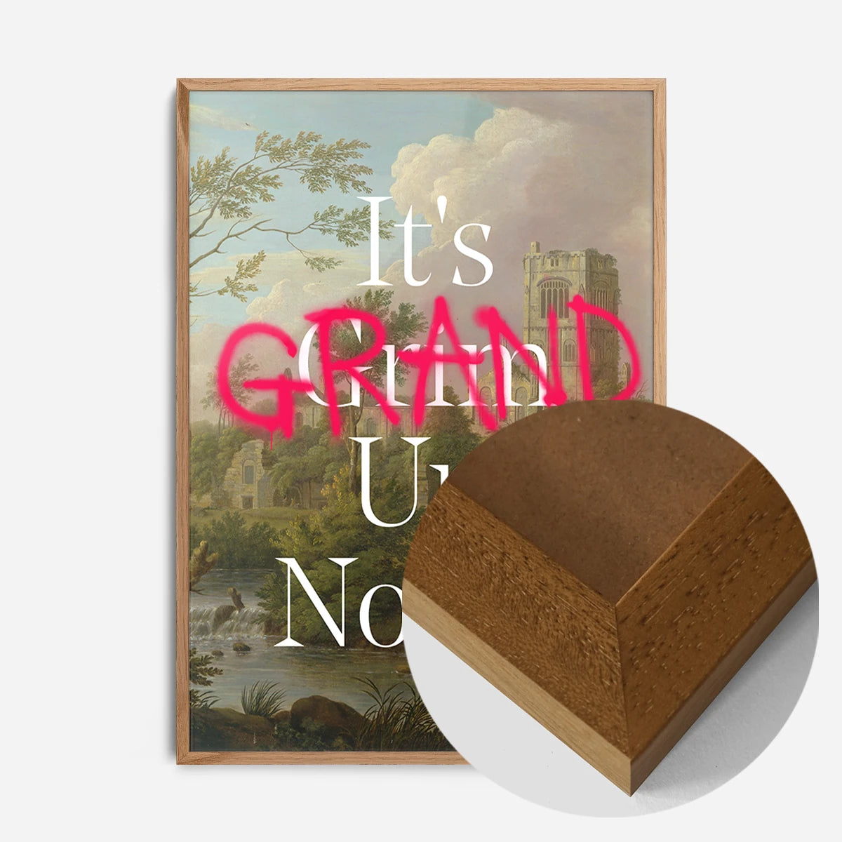 typography abbey landscape print in an oak wood frame, side profile