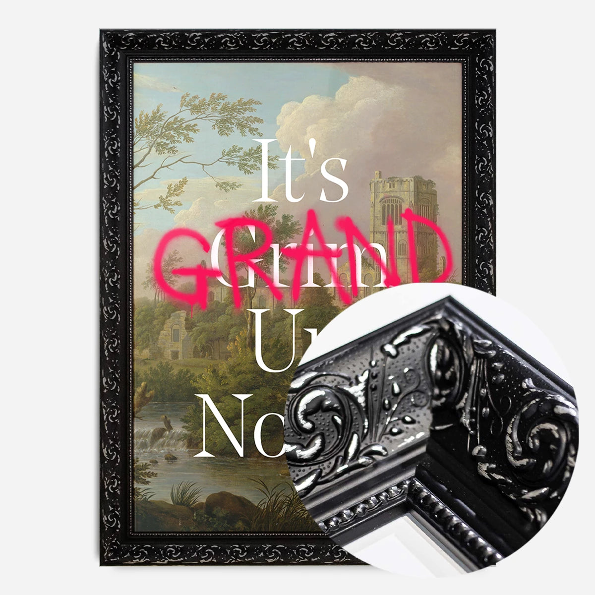 typography abbey landscape print in a black ornate frame, side profile