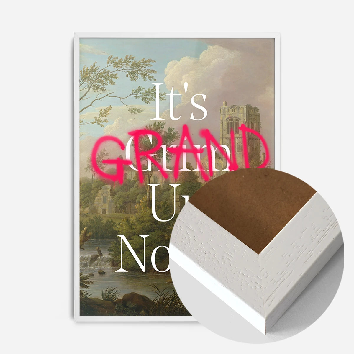typography abbey landscape print in a white wood frame, side profile