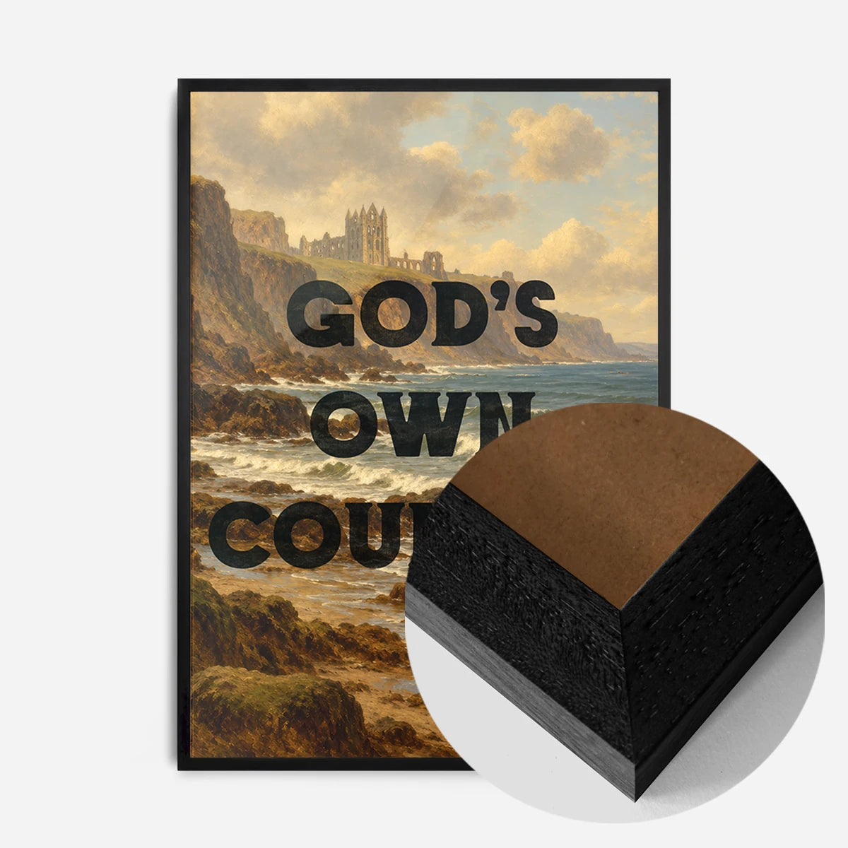 typography coastal abbey landscape print in a black wood frame, side profile