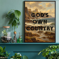 Framed typography coastal abbey landscape art in a home office