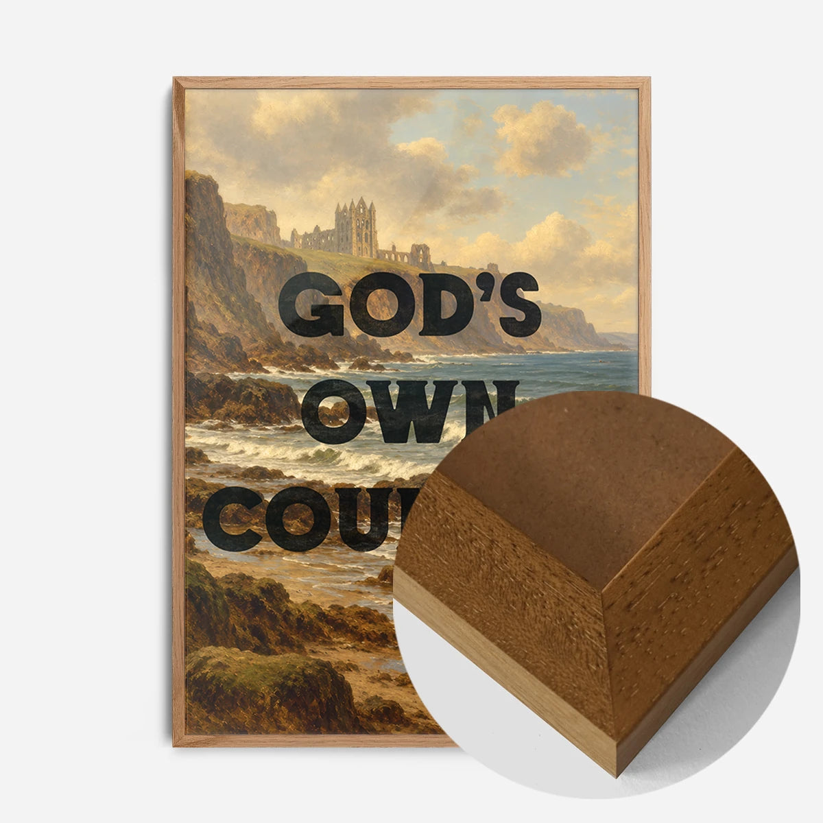 typography coastal abbey landscape print in an oak wood frame, side profile