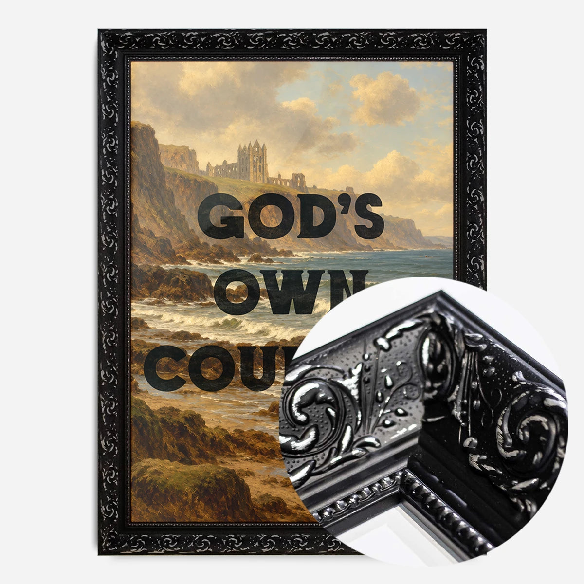 typography coastal abbey landscape print in a black ornate frame, side profile
