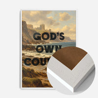 typography coastal abbey landscape print in a white wood frame, side profile